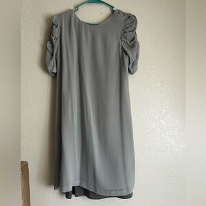 Women’s Size 10 Theory Silk Gray Layered Puff Rouged Sleeve Shift Dress